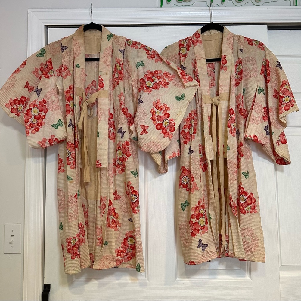 TWO VINTAGE HANDMADE JAPANESE EMBROIDERED FLORAL KIMONOS